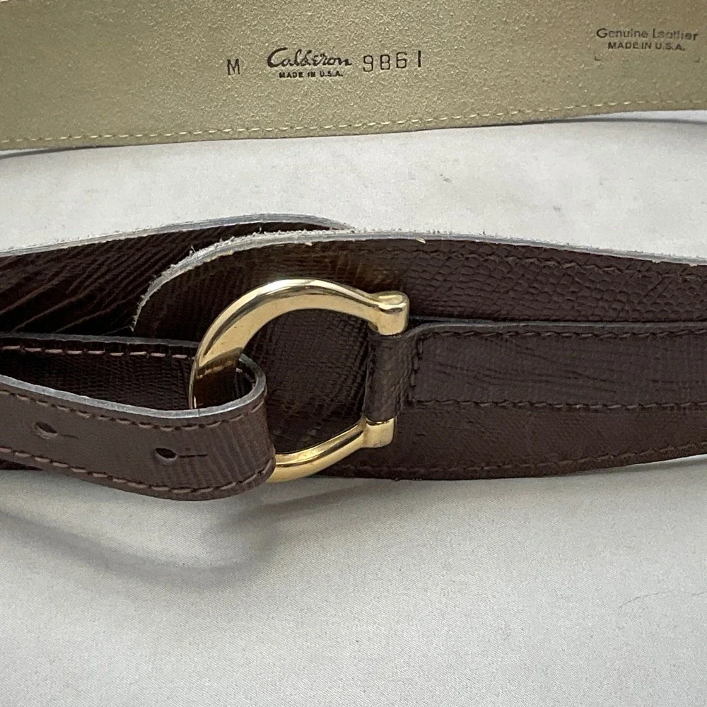 Calderon Belt Women Medium Brown Excellent Lizard Embossed Leather Gold Buckle